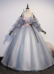 Gray Blue Tulle Spaghetti Straps Appliques Quinceanera Dress