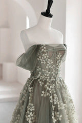 Gray Green Off The Shoulder Tulle Prom Dress With Appliques