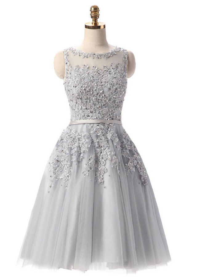 Gray Lace Short Beaded Homecoming Dress