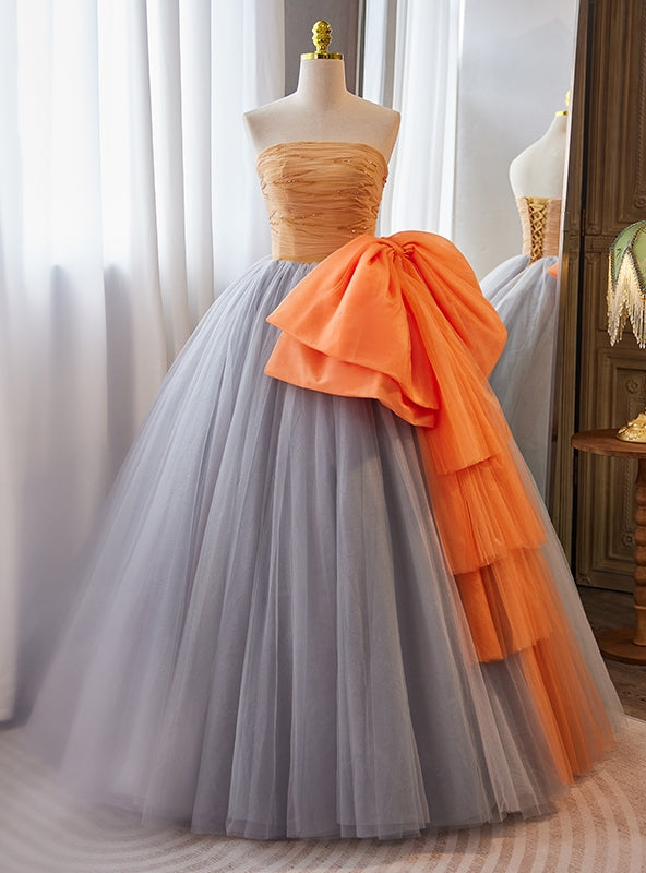 Gray Orange Tulle Strapless Pleats Beading Quinceanera Dress