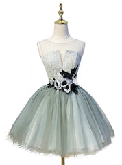 Gray Tulle Appliques Scoop Homecoming Dress