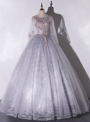 Gray Tulle Lace Appliques Long Sleeve Quinceanera Dress