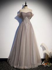 Gray Tulle Lace Pleats Beading Prom Dress