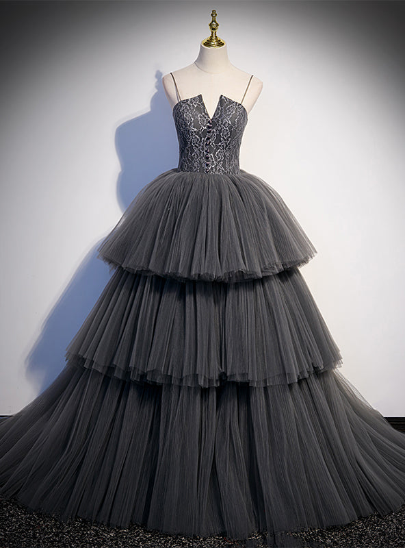 Gray Tulle Lace Spaghetti Straps Prom Dress