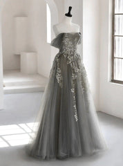 Gray Tulle Off the Shoulder Appliques Prom Dress