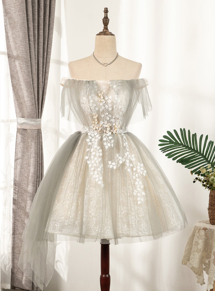 Gray Tulle Off the Shoulder Homecoming Dress