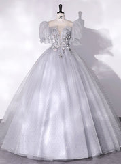 Gray Tulle Puff Sleeve Appliques Quinceanera Dress