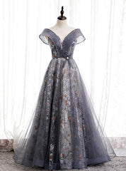 Gray Tulle Sequins Off the Shoulder Beading Prom Dress