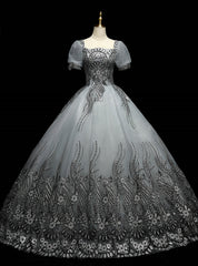 Gray Tulle Sequins Short Sleeve Quinceanera Dress