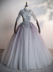 Gray Tulle Short Sleeve High Neck Quinceanera Dress