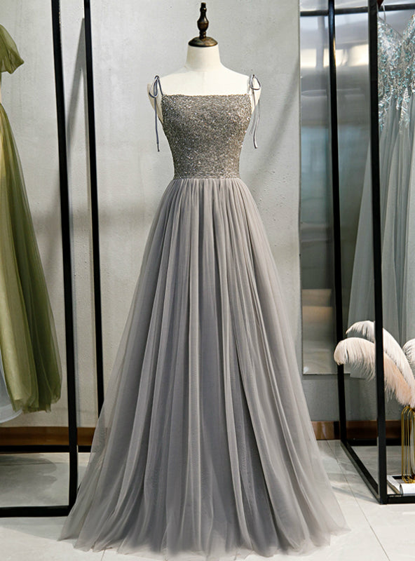 Gray Tulle Spaghetti Straps Beading Backless Prom Dress