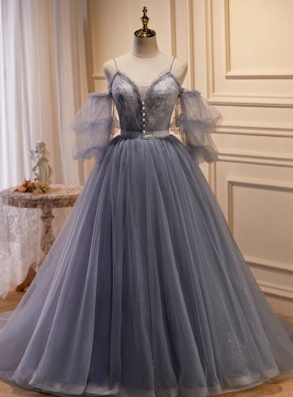 Gray Tulle Spaghetti Straps Button Prom Dress