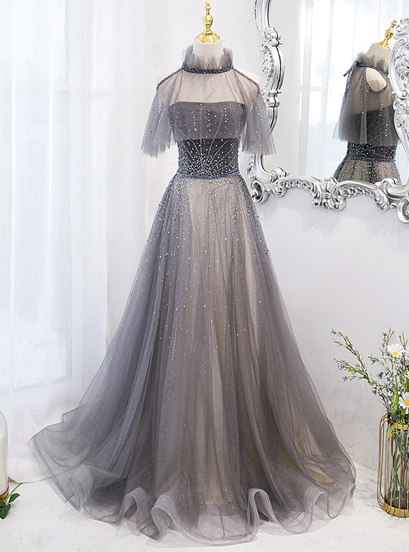 Gray Tulle Strapless Beading Prom Dress With Shawl