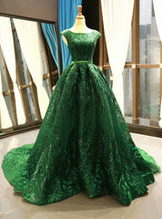 Green Ball Gown Lace Sequins Backless Cap Sleeve Prom Dress