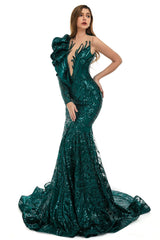 Black Mermaid One Sleeve Prom Dresses Sequined Lace Jewel Ruffles Evening Party Dress with Appliques