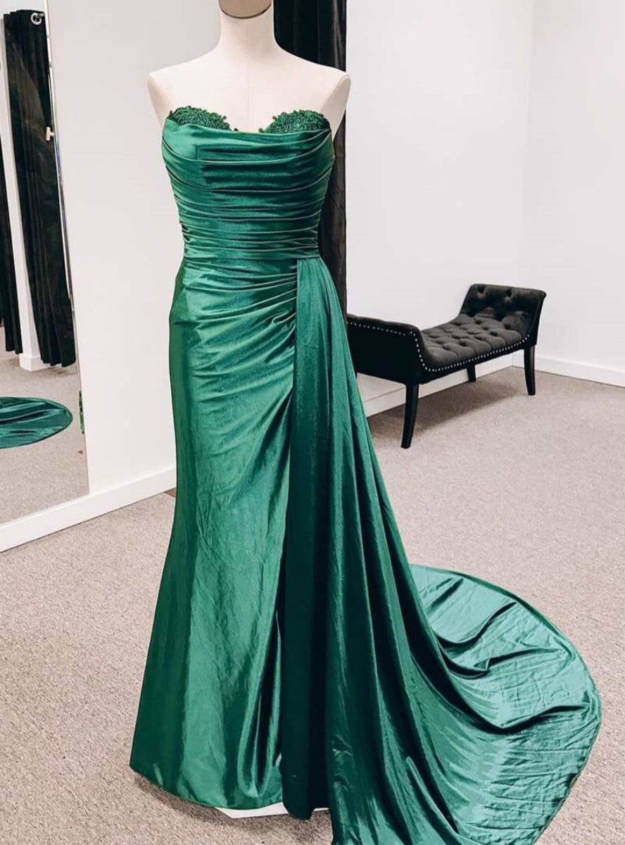 Green Mermaid Satin Sweetheart Pleats Prom Dress