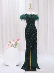 Green Mermaid Sequins One Shoulder Feather Prom Dress