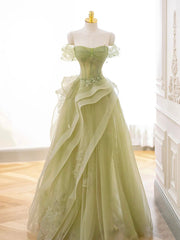 Green Off Shoulder Lace Long Prom Dresses, Green Formal Dresses