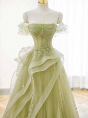 Green Off Shoulder Lace Long Prom Dresses, Green Formal Dresses