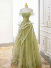 Green Off Shoulder Lace Long Prom Dresses, Green Formal Dresses