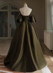 Green Satin A-line Long Prom Dresses Party Dresses, Green Off Shoulder Evening Dresses