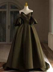 Green Satin A-line Long Prom Dresses Party Dresses, Green Off Shoulder Evening Dresses