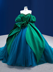 Green Satin Blue Tulle Puff Sleeve Beading Prom Dress