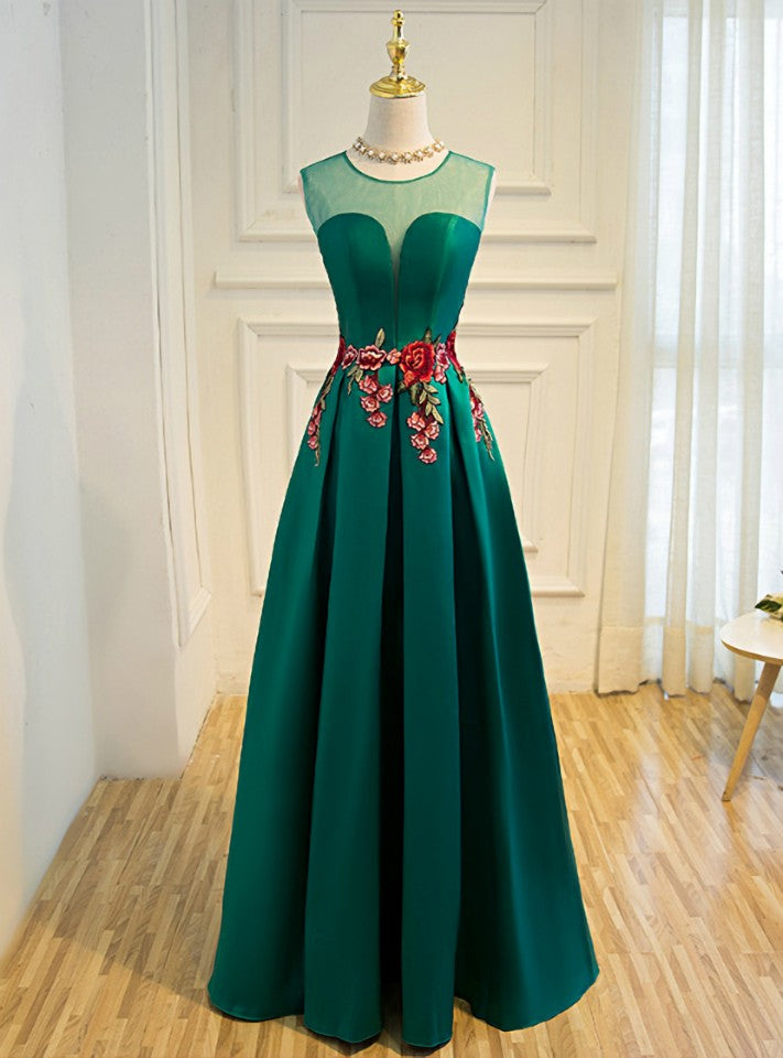 Green Satin Lace Up Floor-length Bridesmaid Dress