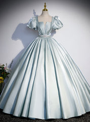 Green Satin Puff Sleeve Sequare Quinceanera Dress