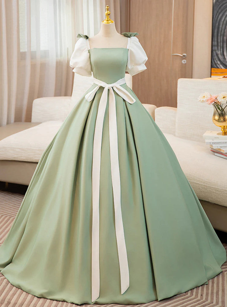 Green Satin Short Sleeve Bow Prom Dress