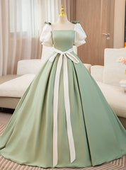 Green Satin Short Sleeve Bow Quinceanera Dress