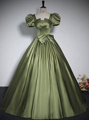 Green Satin Short Sleeve Prom Dress With Bow