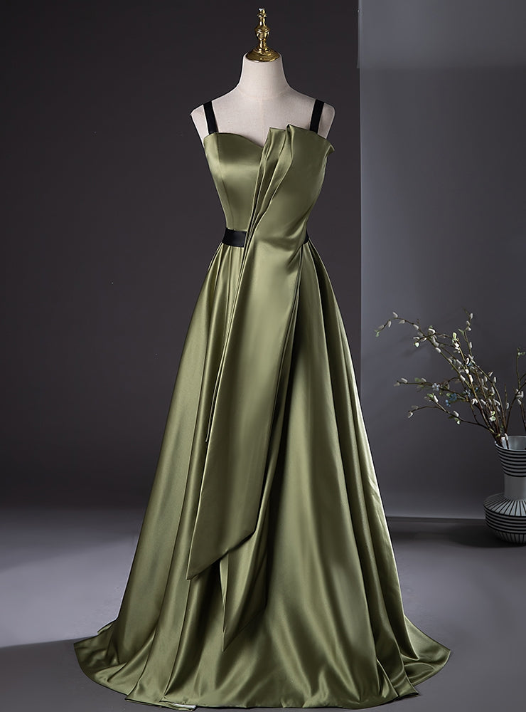 Green Satin Spaghetti Straps Pleats Prom Dress