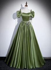 Green Satin Spaghetti Straps Puff Sleeve Prom Dress