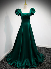 Green Satin Square Puff Sleeve Pleats Prom Dress