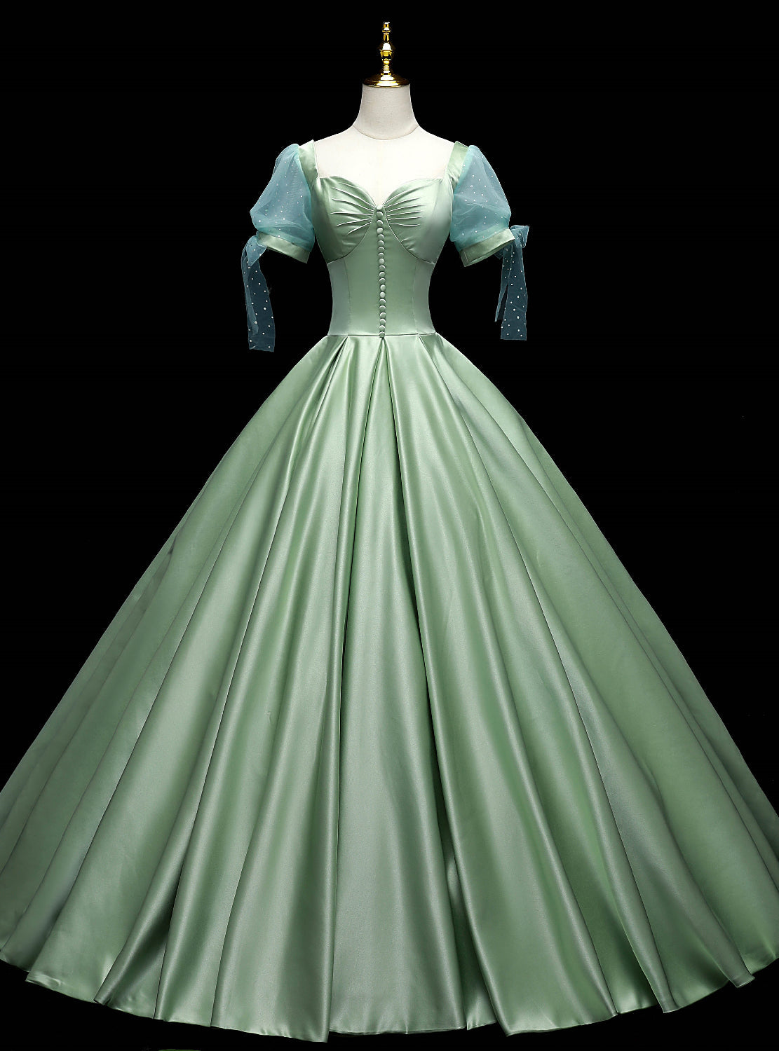 Green Satin Square Short Sleeve Button Quinceanera Dress