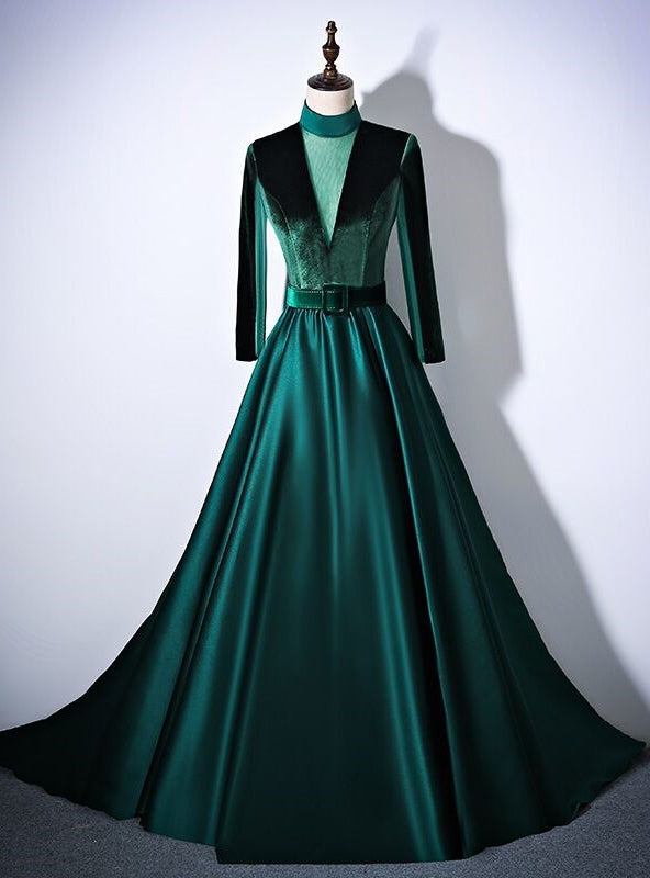 Green Satin Velvet Long Sleeve Prom Dress