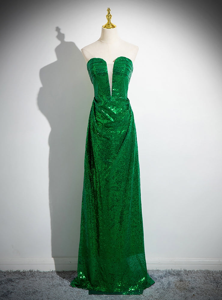 Green Sequins Strapless Pleats Prom Dress