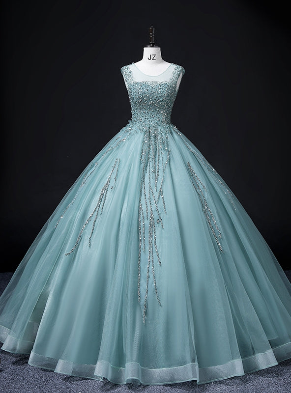 Green Tulle Beading Sequins Quinceanera Dress