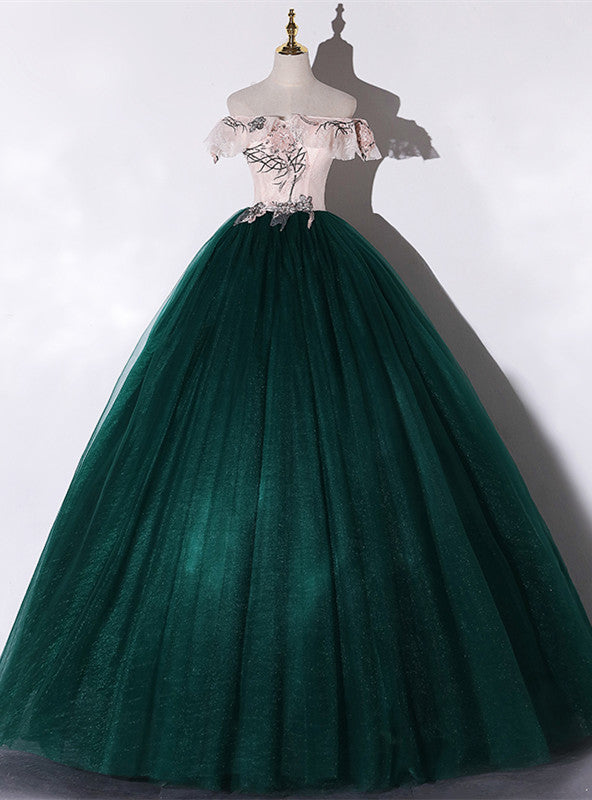 Green Tulle Off the Shoulder Appliques Quinceanera Dress