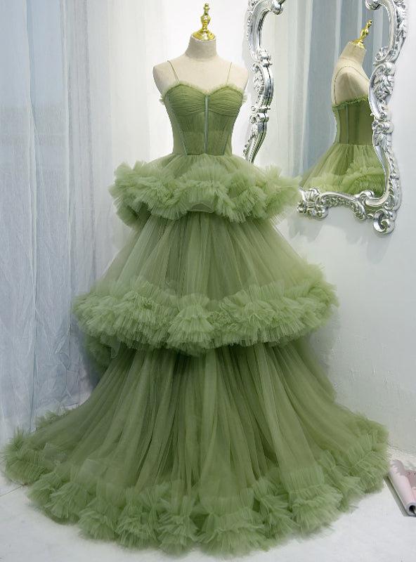 Green Tulle Pleats Spaghetti Straps Prom Dress