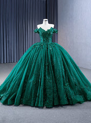 Green Tulle Sequins Off the Shoulder Appliques Prom Dress