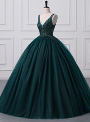 Green Tulle Sequins V-neck Appliques Beading Quinceanera Dress