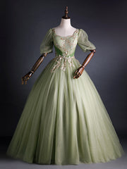 Green Tulle Square Puff Sleeve Sequins Appliques Quinceanera Dress