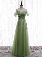 Green Tulle Strapless Pleats Beading Prom Dress