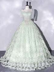 Green Tulle Straps Appliques Quinceanera Dress