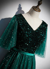 Green V-neckline Shiny Tulle Long Wedding Party Dresses Green Formal Dresses prom Dresses shops