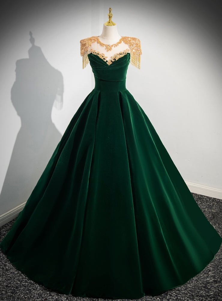 Green Velvet Cap Sleeve Appliques Beading Prom Dress