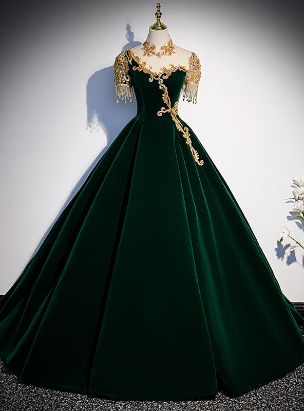 Green Velvet High Neck Short Sleeve Beading Prom Dress