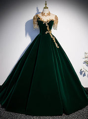 Green Velvet High Neck Short Sleeve Beading Prom Dress